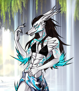 4_eyes anthro black_hair blue_eyes blurred_background bra branch claws clothing fangs femboy hair leaf long_ears long_hair looking_at_another male markings multi_eye nature pose scales smile smirk solo spikes spikes_(anatomy) tail teeth thorns underwear vein water waterfall waterfall_shower white_body rivil mythology hynvale_navayaghale_(hynvale) canid canine canis dragon hybrid mammal mythological_creature mythological_scalie scalie wolf half-length_portrait pinup portrait