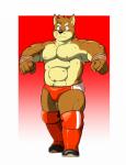 anthro boots bulge clothed clothing footwear fur gradient_background kemono male navel nipples red_background shoes simple_background solo topless white_background wrestler wrestling wrestling_briefs shiba-kenta kenta_shiba_(character) canid canine canis domestic_dog mammal shiba_inu spitz