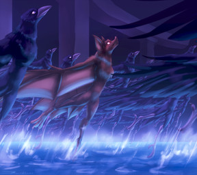 3_toes 4_toes ambiguous_gender anthro beak black_body black_feathers black_wings blue_eyes brown_body brown_fur claws fangs feathers featureless_crotch feet flying fur grey_beak group hind_toe looking_up membrane_(anatomy) membranous_wings nude outside purple_eyes raised_leg red_eyes side_view splash spread_wings talons teeth toe_claws toes water wings bassybefuddle conditional_dnp avian bat bird corvid corvus_(genus) crow mammal oscine passerine 2020 hi_res