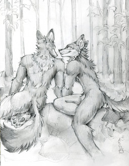 anthro back_tuft butt butt_tuft cheek_tuft closed_smile clothing discarded_clothing duo facial_tuft fangs featureless_crotch forest fur fur_tuft leg_tuft looking_at_another male male/male mouth_closed neck_tuft nude outside pawpads paws plant pond rear_view rock side_view sitting smile tail teeth tree tuft underwear whiskers akatan_art canid canine canis fox mammal wolf 2023 black_and_white dated graphite_(artwork) hi_res monochrome signature traditional_media_(artwork)