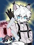 abstract_background anthro black_clothing black_gloves black_handwear blue_eyes bodily_fluids clothing comment crying duo fur gloves hair hand_in_pocket handwear kemono male pockets tears white_body white_fur white_hair zhang_gun mammal mustelid musteline stoat true_musteline weasel hi_res meme