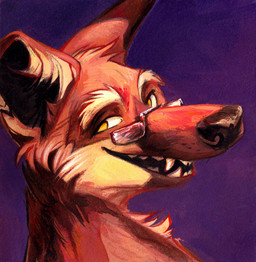 ambiguous_gender anthro black_nose eyewear fangs glasses open_mouth purple_background simple_background solo teeth kenket canid canine mammal maned_wolf 2015 low_res traditional_media_(artwork)