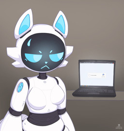 >:< annoyed anthro anthrofied black_face blue_eyes blue_inner_ear blue_mouth blue_nose bodily_fluids breasts brown_background cheek_tuft computer electronics facial_tuft featureless_breasts female for_a_head glowing glowing_eyes laptop logo looking_at_object machine medium_breasts robot_joints screen screen_face segmented_body simple_background solo sweat sweatdrop tail thick_thighs tuft white_body wide_hips razgrizdl captcha pudu_robotics ka-t bellabot domestic_cat felid feline felis mammal object_head robot robot_anthro screen_head 2025 artist_logo cel_shading half-length_portrait hi_res portrait shaded