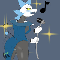 anthro blue_clothing blue_dress blue_hair blush body_blush breasts butt clothed clothing dress female floating_hands genitals gloves hair handwear heart_symbol looking_at_viewer machine musical_note musical_symbol open_mouth presenting presenting_hindquarters rear_view simple_background smug_grin solo standing symbol tail thick_thighs vulva vulva_blush wide_hips yellow_eyes luckyhomie deltarune undertale_(series) tasque_manager darkner felid feline humanoid mammal robot 1:1 absurd_res digital_media_(artwork) hi_res