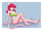anthro arm_support bikini bikini_top black_eyes claws clothed clothing feet female fur grin hair looking_at_viewer lying multicolored_body multicolored_fur navel on_ground partially_clothed pawpads paws pink_body red_hair side_view simple_background sitting smile solo swimwear tail teeth two-piece_swimsuit two_tone_body two_tone_fur panqueik cattanooga_cats hanna-barbera jellystone_(hbo_max) kitty_jo domestic_cat felid feline felis mammal absurd_res full-length_portrait hi_res portrait