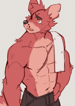 anthro black_bottomwear black_clothing black_pants bottomwear chest_scar clothed clothing eye_patch eyebrow_scar eyebrows eyewear facial_scar gold_(metal) gold_tooth male muscular muscular_anthro muscular_male pants scar solo topless topless_anthro topless_male yellow_eyes hemuchang five_nights_at_freddy's scottgames foxy_(fnaf) canid canine fox mammal 2022 half-length_portrait hi_res portrait