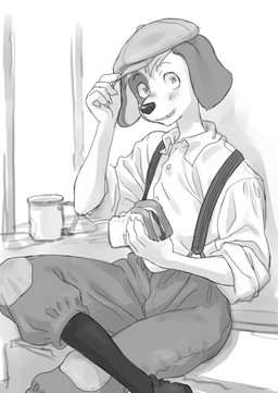 1920s_theme anthro black_nose blush blush_lines claws clothing collared_shirt eating eating_food finger_claws fingers floppy_ears food footwear fur hat headgear headwear kemono long_socks looking_at_viewer male multicolored_body multicolored_fur newsboy_cap patched_clothing prohibition_era sandwich_(food) shirt shoes sitting solo suspenders tipping_hat topwear two_tone_body two_tone_fur young young_anthro young_male kikurage canid canine canis domestic_dog mammal 2024 digital_media_(artwork) hi_res monochrome sketch