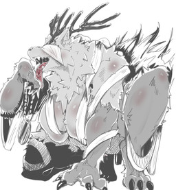 anthro antlers big_breasts breasts female fur horn solo tongue daisukitsune american_mythology bloodborne fromsoftware mythology sony_corporation sony_interactive_entertainment vicar_amelia beast_(bloodborne) canid canine canis mammal monster mythological_canine mythological_creature werecanid werecanine werecreature werewolf wolf absurd_res hi_res monochrome spot_color