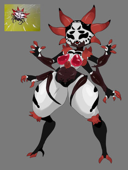 4_arms anthro black_eyes bottom_heavy breasts brown_body female front_view genitals grey_background looking_at_viewer multi_arm multi_eye multi_limb navel open_mouth red_breasts red_tongue simple_background small_breasts solo thick_thighs tongue vulva white_body wide_hips hahadesiowo grounded_(game) hedge_broodmother_(grounded) arachnid arthropod spider 3:4 hi_res