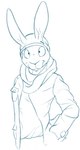 anthro closed_smile clothed clothing hat headgear headwear jacket looking_at_viewer male mouth_closed scarf simple_background smile solo teeth topwear bucklebunny lagomorph leporid mammal rabbit half-length_portrait monochrome portrait sketch