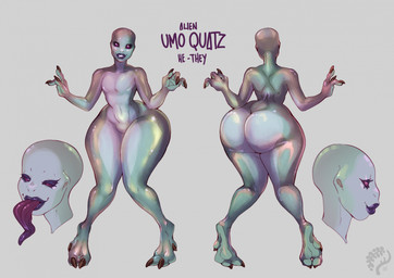 ambiguous_gender big_butt biped bottom_heavy butt clothing featureless_crotch green_body green_skin grey_background hairless huge_butt huge_thighs lips long_tongue nude pear-shaped_figure purple_sclera simple_background smile solo standing thick_thighs tongue tongue_out topwear wide_hips elking umo_quatz_(ozthegoblin) alien alien_humanoid humanoid roswell_grey hi_res model_sheet nonbinary_(lore)