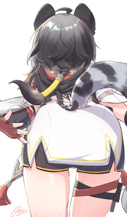 accessory ahoge animal_ears arms_behind bare_legs bent_over bottomwear butt clothing female fingerless_gloves glistening glistening_hair gloves grey_hair hair hair_accessory handwear markings ribbons short_hair shorts simple_background solo striped_markings striped_tail stripes tail tail_markings white_background omyo arknights arknights_endfield hypergryph studio_montagne tangtang animal_humanoid humanoid mammal mammal_humanoid mustelid mustelid_humanoid otter otter_humanoid absurd_res hi_res signature