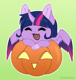 big_ears chibi embarrassed eyes_closed feathers female feral food fruit hair horn jack-o'-lantern long_hair magic plant pumpkin smile solo unicorn_horn wings volodyanocturne friendship_is_magic hasbro my_little_pony twilight_sparkle_(mlp) equid equine horse mammal pony hi_res