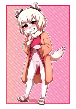 anthro biped blonde_hair blush blush_lines clothed clothing clothing_lift coat countershade_fur countershade_torso countershading female footwear front_view fur genitals grin hair humanoid_genitalia humanoid_vulva looking_at_viewer multicolored_body multicolored_fur navel neck_tuft no_underwear pink_body pink_countershading pink_fur pink_nose plantigrade presenting presenting_vulva red_clothing reverse_countershading sandals shoes short_hair shush simple_background smile solo standing topwear tuft two_tone_body two_tone_fur vulva white_body white_fur young young_anthro young_female gi0 canid canine canis domestic_dog mammal pomeranian spitz 2026 absurd_res hi_res