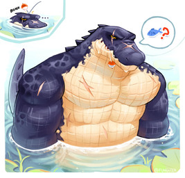 abdominal_scar annoyed anthro arm_scar barazoku blue_body blue_scales chest_scar ellipsis eye_scar facial_scar fishing_bobber fishing_line front_view lily_pad looking_at_viewer male multicolored_body muscular muscular_anthro muscular_male neck_ridge object_in_mouth partially_submerged pecs plant scales scar solo speech_bubble tail tail_ridge two_tone_body water water_drop wet yellow_body yellow_scales yellow_sclera fungiteh alligator alligatorid crocodilian reptile scalie absurd_res digital_media_(artwork) hi_res pictographics