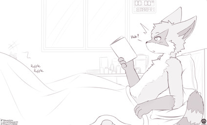 ambiguous_gender anthro bed bedding blanket book clock furniture gasp lying pillow reading solo text under_blanket window senz ancesra_(ancesra) mammal procyonid raccoon absurd_res hi_res url