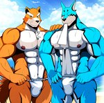 abs anthro asian_clothing beach biceps big_muscles blue_body blue_fur bulge clothing duo east_asian_clothing fundoshi fur japanese_clothing looking_at_viewer male multicolored_body multicolored_fur muscular muscular_male nipples pecs seaside smile underwear wet bearlovestiger13 masato power_rangers power_rangers_spd super_sentai tokusou_sentai_dekaranger tooboe_bookmark doggie_kruger natsume_(tooboe_bookmark) canid canine canis domestic_dog mammal