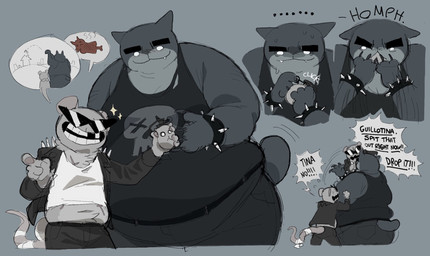 anthro belly belt biped bodily_fluids bomb bottomwear bracelet claws clothed clothing dialogue duo explosives eyewear eyewear_on_head fangs female female_anthro front_view fully_clothed fur grey_body grey_fur holding_object jacket jewelry larger_anthro larger_female leather leather_clothing leather_jacket leather_topwear male male_anthro meat_on_bone missing_tooth obese onomatopoeia overweight pants pawpads paws rat_tail shirt simple_background size_difference skull_symbol smaller_anthro smaller_male smile sound_effects sparkles speech_bubble spiked_bracelet spiked_jacket spikes standing sunglasses sunglasses_on_head sweat tail teeth text topwear wearing_sunglasses monarchaip mewgenics guillotina_(mewgenics) radical_rat_(mewgenics) rat_bomb_(mewgenics) domestic_cat felid feline felis mammal murid murine rat rodent 2026 digital_media_(artwork) english_text hi_res shaded simple_shading