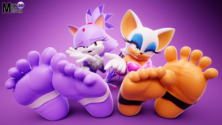5_toes anthro barefoot big_feet clothing duo feet female foot_fetish foot_focus gloves handwear humanoid_feet plantigrade purple_body soles stirrup_legwear toes white_clothing white_gloves white_handwear milkmeister3d sega sonic_the_hedgehog_(series) blaze_the_cat rouge_the_bat bat domestic_cat felid feline felis mammal 16:9 3d_(artwork) 4k absurd_res digital_media_(artwork) hi_res widescreen