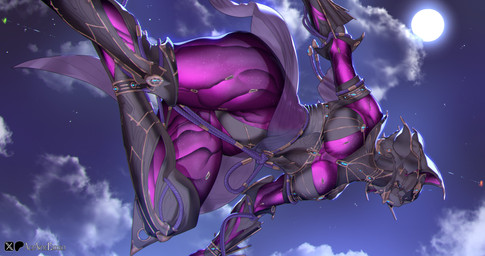 action_pose anthro big_breasts breasts clothing cloudy_background eyeless female jewelry knee_highs legwear leotard light moon moonlight mouthless muscle_tone neckwear patreon_logo pose purple_body purple_glow purple_rope rope solo thick_thighs translucent translucent_clothing twitter_logo aceavoeexkillo digital_extremes patreon tencent twitter warframe valkyr_(warframe) valkyr_heirloom_(warframe) biomechanical felid feline mammal warframe_(species) 256:135 4k absurd_res hi_res signature