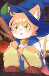 anthro bell bell_collar clothing collar crouching fur hat headgear headwear magician male orange_body orange_fur solo staff wizard_hat young young_anthro toruu anothereidos_of_dragon_vein_r charlotte_(anothereidos_r) domestic_cat felid feline felis mammal absurd_res hi_res