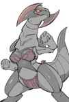 2022 anthro black_body black_scales black_sclera blade blush blush_lines bodily_fluids bra breasts claws clothing digitigrade dipstick_tail dragon female flustered generation_5_pokemon grey_body grey_scales haxorus hi_res lingerie looking_at_viewer markings mythological_creature mythological_scalie mythology nintendo oposa panties pink_bra pink_clothing pink_panties pink_underwear pokemon pokemon_(species) red_eyes scales scalie shiny_pokemon simple_background solo standing sweat sweatdrop tail tail_markings underwear white_background