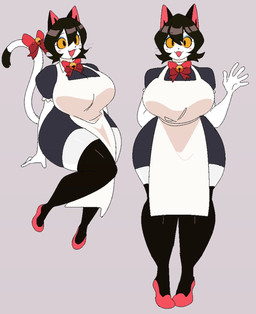 5_fingers accessory anthro apron bangs bell big_breasts biped black_clothing black_ears black_hair black_leggings black_legwear black_minidress black_tail_tip blue_eyeshadow breasts cat_tail clothed clothed_anthro clothed_female clothing crossed_bangs curvy_figure dipstick_tail dress eyeshadow fangs female fingers footwear fully_clothed fully_clothed_anthro fully_clothed_female furgonomics gesture grey_background hair happy hourglass_figure huge_breasts leggings legwear looking_at_viewer makeup markings minidress multiple_poses neck_ribbon open_mouth pose red_clothing red_footwear red_inner_ear red_shoes ribbons shoes short_hair simple_background smile smiling_at_viewer solo tail tail_accessory tail_markings tail_ribbon teeth thick_thighs tight_clothing voluptuous_anthro voluptuous_female waving white_apron white_clothing white_tail wide_hips yellow_sclera dddddancerrrrrs mini_(dddddancerrrrrs) domestic_cat felid feline felis mammal 2022 digital_drawing_(artwork) digital_media_(artwork) hi_res