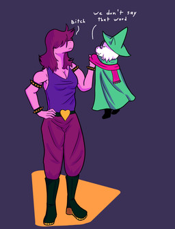 anthro armband boots bottomwear breasts cleavage clothed clothing duo female footwear fur hat headgear headwear larger_female male pants profanity scarf shirt shoes simple_background size_difference smaller_male standing text topwear white_body white_fur trickchord deltarune undertale_(series) ralsei susie_(deltarune) animal_humanoid bovid caprine darkner goat humanoid mammal scalie scalie_humanoid english_text hi_res