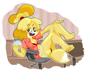 3_toes aloha_shirt anthro barefoot beverage big_breasts big_butt blush breasts brown_pawpads butt chair cleavage clothed clothing container cup desk drunk feet female fur furniture hair half-closed_eyes hand_on_knee hand_on_leg holding_beverage holding_container holding_cup holding_object inside narrowed_eyes on_chair open_mouth pattern_clothing pattern_shirt pattern_topwear pawpads paws plantigrade shirt sitting smile soles solo substance_intoxication table teeth thick_thighs toes tongue topwear wide_hips yellow_body yellow_fur strawberrywith4 animal_crossing nintendo isabelle_(animal_crossing) canid canine canis domestic_dog mammal shih_tzu toy_dog