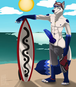 animal_genitalia animal_penis anklet anthro balls beach big_penis bottomwear bottomwear_down canine_genitalia canine_penis clothed clothing erection eyewear genitals goggles jewelry knot knotted_penis looking_at_viewer male male_anthro necklace nipples outside pants pants_down partially_clothed penis sea smile solo standing sun surfboard teeth topless topless_anthro topless_male water themutt canid canine fox mammal 2012 digital_media_(artwork) hi_res