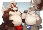 anthro asian_clothing belly blush brown_body brown_fur bulge butt clothing duo east_asian_clothing fundoshi fur grope japanese_clothing male moobs navel nipples overweight overweight_male scar teeth underwear ratontheraccoon lifewonders tokyo_afterschool_summoners goemon_(tas) moritaka_(tas) canid canine canis domestic_dog mammal raccoon_dog tanuki 2019 absurd_res hi_res