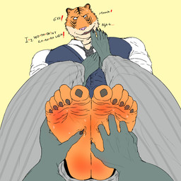 5_toes anthro barefoot bodily_fluids bottomwear claws clothing dialogue duo feet finger_claws first_person_view foot_fetish foot_focus fur fur_markings grey_body grey_bottomwear grey_clothing grey_fur grey_pants humanoid_feet male markings multicolored_body multicolored_fur orange_body orange_fur pants pattern_bottomwear pattern_clothing pattern_pants pink_nose plantigrade school_uniform simple_background smile soles striped_body striped_bottomwear striped_clothing striped_fur striped_pants stripes sweat sweatdrop sweaty_feet tan_body tan_fur text tickle_fetish tickling tickling_feet toe_claws toes trying_not_to_laugh uniform wrinkled_feet wrinkles yellow_background vhenus beastars bill_(beastars) legoshi_(beastars) bengal_tiger canid canine canis felid mammal pantherine tiger wolf 1:1 english_text hi_res