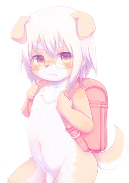anthro backpack blush chest_tuft countershading eyewear flaccid genitals glasses hair kemono male nude penis short_hair shota solo tuft white_hair young young_anthro do_obmmm canid canine canis domestic_dog mammal hi_res