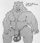 anthro balls barazoku big_balls big_chest big_penis body_hair daddy_kink dialogue eyewear flaccid fluffy_chest foreskin genitals glasses hairy happy_trail humanoid_genitalia humanoid_penis looking_at_viewer male mane mature_male musclegut muscular nipples penis saggy_balls smile smiling_at_viewer smirk smirking_at_viewer solo talking_to_viewer text tompi_(artist) bear mammal english_text monochrome father_(lore) parent_(lore)