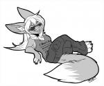 anthro bottomwear cargo_pants clothing eyewear fangs hair nails pants piercing scene_haircut shirt sunglasses teeth tongue tongue_out tongue_piercing tongue_stud topwear white_hair jesterghastly rose_dandy-ba canid canine fennec_fox fox mammal mink mustelid musteline true_fox true_musteline black_and_white monochrome