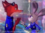 anthro badge claws clothing dialogue duo female fur male police teasing text topwear utility_vest vest maybell32 disney zootopia judy_hopps nick_wilde canid canine fox lagomorph leporid mammal rabbit red_fox true_fox 4:3 english_text