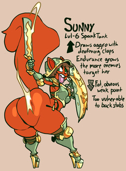anthro big_butt biped bottomless breasts butt butt_focus butt_slap clothed clothing female hair holding_melee_weapon holding_object holding_shield holding_sword holding_weapon huge_butt looking_back medium_breasts melee_weapon pupils shield simple_background slap smile solo sword tail text thick_thighs three-quarter_view tongue tongue_out weapon wide_hips jinti mammal rodent sciurid tree_squirrel english_text