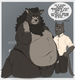 anthro belly big_belly bodily_fluids clothed clothing deep_navel duo embarrassed fupa fur grey_background grey_body grey_fur looking_away male moobs navel nipples obese obese_anthro obese_male overweight overweight_anthro overweight_male simple_background sweat sweatdrop text topless topless_male underwear underwear_only weight_conscious weight_difference weight_gain cowdypie canid canine canis domestic_cat felid feline felis mammal wolf english_text hi_res signature