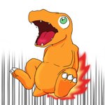 1:1 agumon ambiguous_gender bandai_namco burning butt_on_fire claws digimon digimon_(species) feet fire hand_on_butt hasbro open_mouth pain simple_background solo soukouryu toe_claws