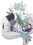 anthro blue_body blue_fur bouquet clothing eyewear flower fur glasses looking_at_viewer male plant purple_body purple_fur shirt solo topwear vest white_body white_fur izm_rm7 lifewonders live_a_hero esperdica canid canine canis mammal wolf 2023 absurd_res hi_res