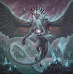 ambiguous_gender claws crystal detailed_background feral glowing glowing_eyes hooves horn lake looking_at_viewer magic mane membrane_(anatomy) membranous_wings mountain outside red_eyes scales solo spread_wings tail white_mane wings chris_rahn hasbro magic:_the_gathering mythology wizards_of_the_coast dragon hybrid mammal mythological_creature mythological_scalie scalie 2019 hi_res official_art traditional_media_(artwork)