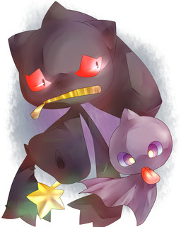 ambiguous_gender body_zipper duo glowing glowing_eyes red_eyes simple_background tongue tongue_out white_background zipper zipper_mouth 23kero nintendo pokemon banette generation_3_pokemon ghost humanoid pokemon_(species) shuppet spirit undead 4:5