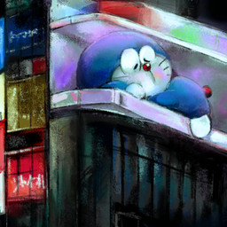 anthro blue_body blue_fur building eyes_closed fur lying machine male night on_front red_nose screen sleeping solo whiskers white_body white_fur mt_tg doraemon doraemon_(character) domestic_cat felid feline felis mammal robot 1:1 2021 shaded