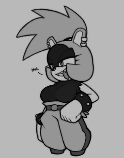 anthro belt belt_buckle big_breasts bottomwear bracelet breasts buckle clothing ear_piercing ear_ring female gloves grin hair handwear jewelry narrowed_eyes pants piercing ponytail ring_piercing sharp_teeth shirt smile solo teeth tongue tongue_out topwear champchidi idw_publishing sega sonic_the_hedgehog_(comics) sonic_the_hedgehog_(idw) sonic_the_hedgehog_(series) surge_the_tenrec afrosoricid mammal tenrec hi_res monochrome