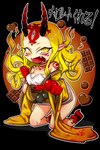 blonde_hair bodypaint breasts butt candy chocolate clothed clothing demanding dessert exclamation_point fangs feet female food gesture hair hand_gesture heart_symbol horn humanoid_pointy_ears kneeling not_furry open_mouth pointing pointing_at_viewer pointy_ears solo teeth text toes yellow_eyes poethewondercat asian_mythology east_asian_mythology fate_(series) japanese_mythology mythology type-moon berserker_ibaraki-douji ibaraki-douji_(fate) demon demon_humanoid horned_humanoid humanoid oni yokai alpha_channel hi_res japanese_text