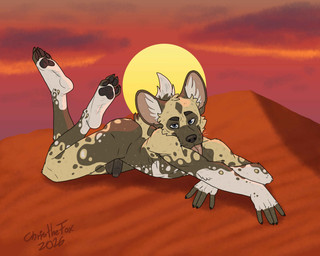 anthro balls barefoot big_ears blue_eyes butt cloud ears_up eyebrows feet foot_fetish foot_focus genitals looking_at_viewer lying lying_on_ground lying_on_sand male nude on_front on_ground pawpads paws penis sand sky skyscape solo sun tail tongue tongue_out bartek22 african_wild_dog canid canine mammal 5:4 absurd_res hi_res