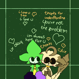 anthro bell bell_collar blush collar comforting_another duo heart_symbol male male/male simple_background text arte_misee nintendo pokemon niwa_(arte_misee) eeveelution generation_3_pokemon generation_4_pokemon leafeon pokemon_(species) roselia 1:1 english_text