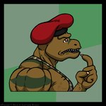 1:1 advice_meme anthro beret big_muscles brown_body brown_scales camo camo_clothing camo_print capitainebyakko clothing dinosaur extinct green_body green_scales hat headgear headwear male meme military_cap military_uniform muscular muscular_male pattern_clothing philosoraptor prehistoric_species red_beret red_clothing red_eyes red_hat red_headwear reptile scales scalie solo striped_body striped_scales stripes theropod tyrannosaurid tyrannosauroid tyrannosaurus tyrannosaurus_rex uniform
