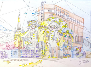 barrel boots bottomwear box clothing cloud container electronics fangs feet female footwear gloves group handwear headphones ink jumping male missile not_furry pants pink_eyes shoes sky skyscape smile snow stairs teeth topwear umbrella giga_larry nintendo splatoon agent_3_(splatoon) callie_(splatoon) marie_(splatoon) aquatic cephalopod coleoid decapodiform fish inkling mollusk salmonid_(splatoon) smallfry_(splatoon) squid 2025 absurd_res hi_res painting_(artwork) traditional_media_(artwork) traditional_painting_(artwork)