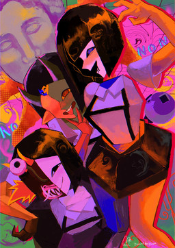 2_horns ambiguous_gender anime_style black_hair blue_body breasts clothed clothing female group hair horn multicolored_body not_furry open_mouth smile square_crossover text tongue two_tone_body yellow_body usagimarumei ena_(series) ena_(web_series) demon_ena diablada_ena ena_(joel_g) keeper_(ena) moony_(ena) sadder_ena demon demon_humanoid diablada ena_(species) human humanoid living_moon mammal sphere_creature digital_media_(artwork) english_text hi_res